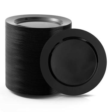 Imagem de Pratos de jantar de plástico Bestluck 100 unidades 25 cm pretos para f