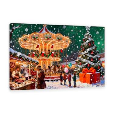 Imagem de Zeichn8u Arte de parede em tela vintage decoração de natal carrossel mercado feliz festival inverno pintura de natal sala de estar retrô Papai Noel imagem festa de natal casa de campo presentes 105 x