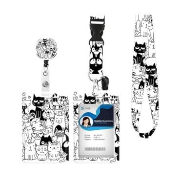 Imagem de Porta-crachá de identificação com cordão retrátil e chaveiro, carretel de crachá com clipe de mosquetão giratório, etiqueta de nome de gato engraçado, cordão protetor de identidade, clipes para