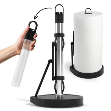 Imagem de Suporte de toalha de papel de aço inoxidável com braço de tensão e bomba de pulverização – rasgo com uma mão, sistema de tração inteligente, ventosas resistentes, base pesada, dispensador de toalha de