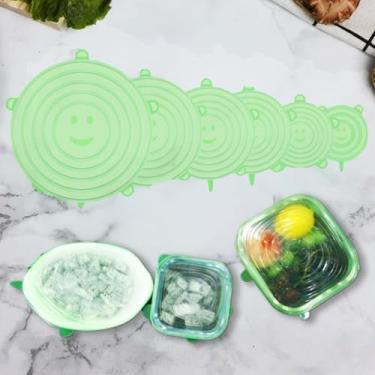 Imagem de 6 peças de tampas elásticas de silicone, tampas de recipiente de silicone reutilizáveis sem desperdício para sobras de potes de frutas (verde)