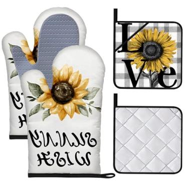 Imagem de BVBOX Conjunto de 4 luvas de forno e pegadores de panela resistentes ao calor com superfície de silicone antiderrapante para cozinha, cozinhar, assar grelhar (grade de girassol, conjunto de 4)