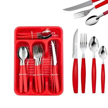 Imagem de Kit Jogo De Faqueiro 25 Peças Com Porta Talheres Vermelha
