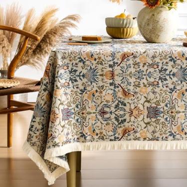 Imagem de Toalha de mesa retangular floral Farmhouse, toalha de mesa vintage com borla, rústica francesa, bordada, boho, durável, capa de mesa para cozinha, sala de jantar, 130 x 182 cm, creme