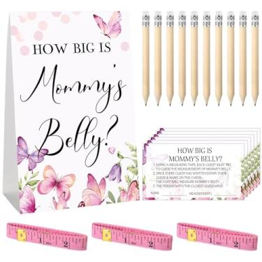 Imagem de Sabary 64 peças de jogos de chá de bebê incluem o tamanho do sinal de barriga da mamãe, 50 cartas, 10 lápis, 3 fitas métricas para chá de bebê, artigos de festa revelação de gênero (borboleta)