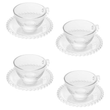 Imagem de Cj 4 Xícaras P/Chá C/Pires de Cristal Pearl Bolinha Transparente 180ml Wolff