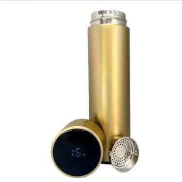 Imagem de Garrafa Térmica Dourada com Display Digital de Temperatura, Aço Inoxidável, Design Moderno, Tampa Inteligente