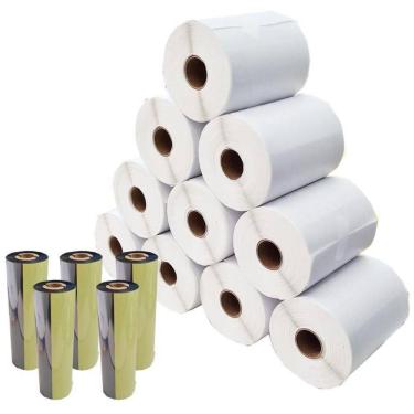 Imagem de Kit 10 Rolos Etiqueta Couche 100mm x 50mm + 5 Ribbons