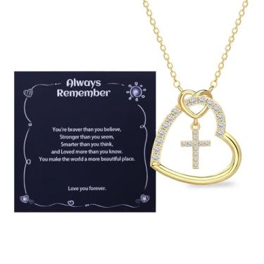Imagem de Alissl Colar de cruz de coração para meninas, filhas, netas, sobrinhas, batismo, primeira comunhão, presentes de Páscoa para adolescentes e crianças pequenas, Cobre, Zircônia cúbica