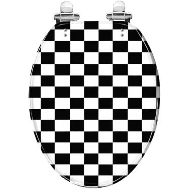 Imagem de Assento de vaso sanitário alongado preto e branco para xadrez xadrez com padrão quadrado Assento de vaso sanitário de resina fecha silenciosamente dobradiças de liberação rápida com amortecedores