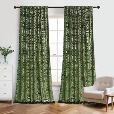 Imagem de Roslynwood Cortinas luxuosas de veludo com estampa de folha dourada verde floresta 183 cm com aba traseira longa cortinas de janela com isolamento térmico para sala de estar/quarto/sala de jantar, L