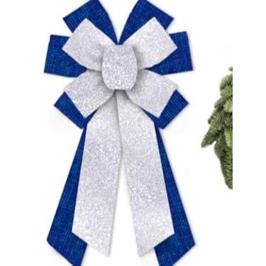 Imagem de Glodecart Grande laço de Natal para guirlanda, laço de guirlanda azul prateado com glitter para decoração de festa de Hanukkah, laço de Natal judaico para porta da frente, interior e exterior, enfeite