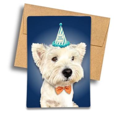 Imagem de Fava Bean Productions Cartão de aniversário West Highland Terrier, (1 cartão premium com mensagem dentro) Happy Birthday from a Westie (Cão com chapéu de festa e design de gravata borboleta) - 566