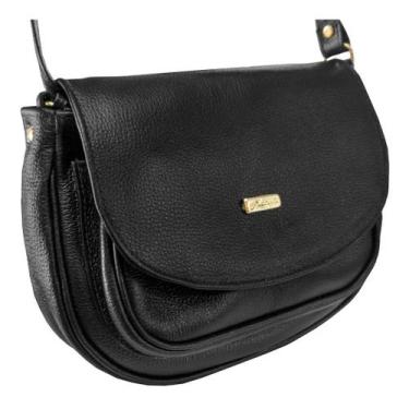 Imagem de Bolsa Couro Legítimo Feminina Transversal Luxo - Estilo Rústico, Preto
