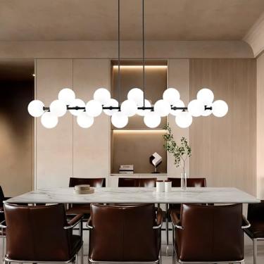 Imagem de Lzawvm Grande Lustre Linear Sputnik 22 Luzes, Luminária Pendente Moderna De Globo De Vidro Para Sala De Jantar, Ilha De Cozinha, Altura Ajustável, Abajur Branco Leitoso, Diâmetro 70 Polegadas