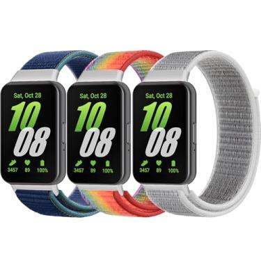 Imagem de QIEMUTER Pacote com 3 pulseiras de relógio de nylon compatíveis com Samsung Galaxy Fit 3, pulseiras trançadas respiráveis e macias para Galaxy Fit 3, mulheres e homens (concha + arco-íris + azul)