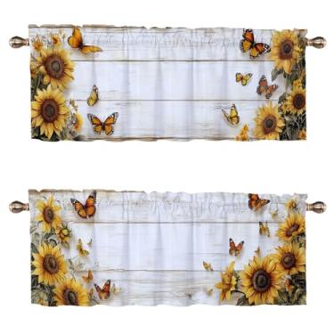 Imagem de Cortinas de girassol para janelas de cozinha pacote com 2 cortinas de madeira para casa de fazenda, borboleta, aquarela, para quarto, sala de estar, banheiro, varão, bolso, cortinas de janela 137 x 45