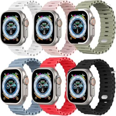Imagem de Pacote com 6 pulseiras Ocean compatíveis com Apple Watch 49 mm, 45 mm, 44 mm, 42 mm, 41 mm, 40 mm, 38 mm, pulseira de silicone macio e elástico para iWatch Ultra SE Series 8 7 6 5 4 3 2 1 para mulheres e homens e crianças