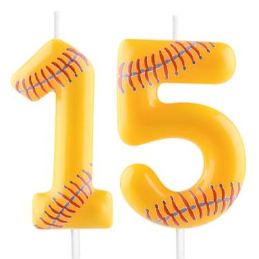 Imagem de Vela de beisebol – Número 15 velas para topo de bolo, vela de softball, 6 cm, velas de aniversário esportivas, perfeitas como decorações de bolo com tema de beisebol para meninos, meninas