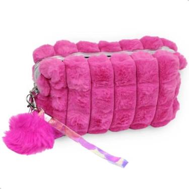 Imagem de Estojo Organizador Escolar Necessaire de Pelucia Pelinho Com Pompom Rosa PInk