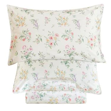 Imagem de QSH Jogo de lençol King de algodão egípcio floral verde, estampa de flores amarelas, botânica, estética, extramacia e respirável, 44,5 cm, lençol de cama com bolsos profundos, 4 peças