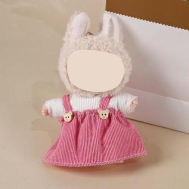 Imagem de Compatível com bonecas de pelúcia Labubu de 15 cm/17 cm (nenhuma boneca incluída) - Vestido de veludo cotelê rosa com botões de urso e conjunto de roupa de malha branca, acessórios de roupas de boneca