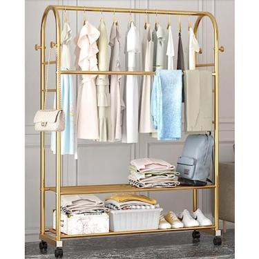 Imagem de Cabideiro dourado com rodas, suporte de casaco com 2 sapateiras, pode armazenar roupas, chapéus e sapatos, adequado para lojas de roupas, salas de estar e quartos