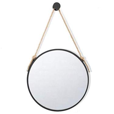 Imagem de Espelho decorativo Espelho de parede de metal com corda de cânhamo espelho de maquiagem redondo banheiro criativo espelho de maquiagem grande ferro de barbear 30-80 cm espelho (tamanho: 40 cm