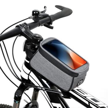 Imagem de Merdia Bolsa frontal para celular de bicicleta, capacidade de 1,5 L, bolsa de tubo de bicicleta, bolsa de ciclismo, compatível com telefone com menos de 17 cm, acessórios de ciclismo - cinza