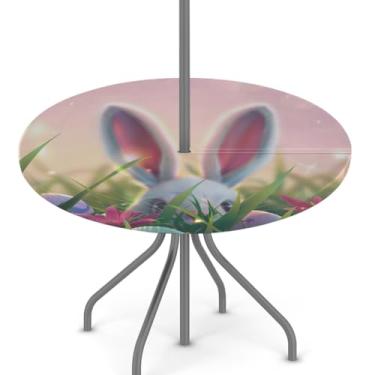 Imagem de hongjinglin Toalha de mesa de Páscoa para uso ao ar livre com orifício para guarda-chuva, toalha de mesa redonda elástica com zíper, impermeável, limpável, para piquenique, festa, pátio, serve para