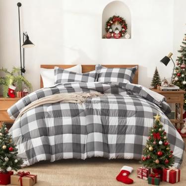 Imagem de Andency Jogo de cama solteiro xadrez (166 x 230 cm), cinza e branco, buffalo, guingão, para meninos e adolescentes, 2 peças (1 edredom e 1 fronha)