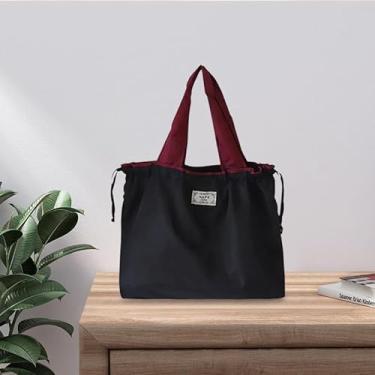 Imagem de Sacola portátil dobrável com fecho de cordão, bolsa de compras impermeável de grande capacidade, bolsa de compras para mulheres, viagens, uso diário, material de poliéster - preta