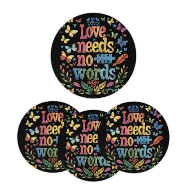 Imagem de Jogo americano redondo trançado de 32 cm, conjunto de 6 tapetes laváveis, com palavras, autismo, círculo, redondo, resistente ao calor, para cozinha, mesa de jantar, festa de casamento, decoração de