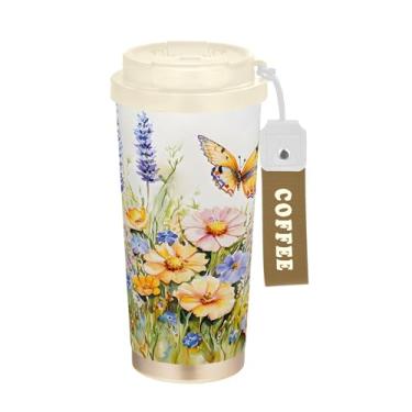 Imagem de SEHANY Caneca de viagem borboleta e flores de 482 ml Copos de café reutilizáveis revestidos de cerâmica com tampa à prova de vazamento, parede dupla, isolamento a vácuo, copo de café de aço inoxidável