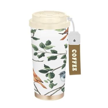 Imagem de SEHANY Caneca de viagem de pássaro colorida de 482 g Copos de café reutilizáveis revestidos de cerâmica com tampa à prova de vazamento, parede dupla, copo de café de aço inoxidável isolado a vácuo