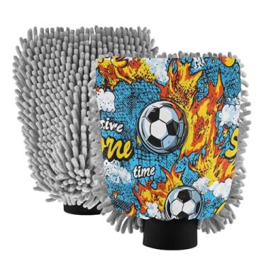 Imagem de Blueangle Pacote com 2 luvas de lavagem de carro de futebol americano com chama - luvas de microfibra de chenille para lavagem de carro sem arranhões e limpeza doméstica, luva de detalhe automático
