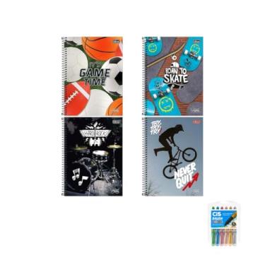 Imagem de Kit Caderno Universitário Vibe Masc 10M 160F Tilibra + Marcador Artístico Brush Metallic 06 Cores Cis