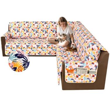 Imagem de ALIECOM Capas de sofá para sofá seccional, 10% impermeável, em forma de L, capa de sofá seccional de canto, lavável, impressa, protetor para animais de estimação com bolso (folha tropical, GG)