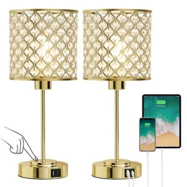 Imagem de GyroVu Luminária De Mesa Com Controle De Toque De Cristal Com Portas De Carregamento Usb-C+A, Conjunto De 2 Lâmpadas De Cabeceira Decorativas De Cristal Com Abajur Dourado Elegante Para Quarto E Sal