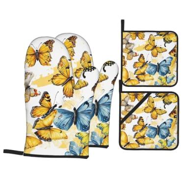 Imagem de Borboletas coloridas desenhadas à mão - Conjunto de luvas de cozinha com suportes de tampa, luvas de forno resistentes ao calor para lidar com panelas quentes, grelhar, churrascos, kit de 4 peças.