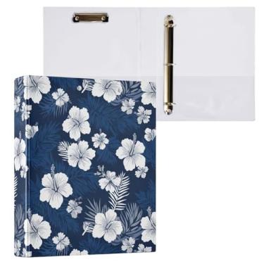 Imagem de Vuiyean Fichário de flores havaianas azul marinho e branco com 3 anéis de 3 cm com prancheta e bolsos, pasta de arquivo grande resistente para material escolar de escritório - Comporta 200 folhas