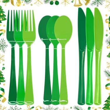 Imagem de 180 peças de talheres de plástico verde gradiente, conjunto descartável, inclui 60 garfos, 60 facas, 60 colheres para aniversário, festa de formatura, Natal, Dia de São Patrício