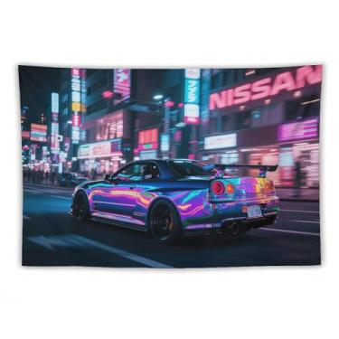 Imagem de HouLaiZhe JDM Tapeçaria de carro Jdm R34 esportes velocidade cidade noite pendurar na parede quarto decoração de casa tapeçarias estética piquenique decoração de parede arte de parede para dormitório