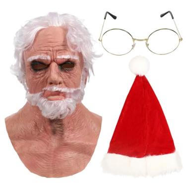 Imagem de 3PCS Realistic Santa Claus Mask Christmas Hat Glasses Old Man Beard Full Head Latex Costume Props Adult Men Cosplay for Halloween New Year Xmas