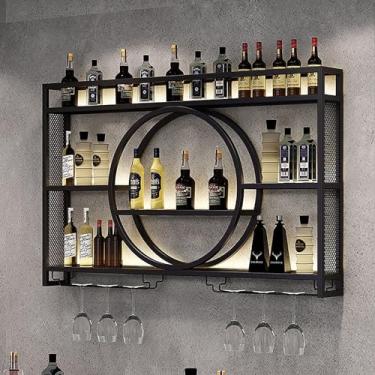 Imagem de GKPSSURV Suporte de garrafa de metal para bar industrial montado na parede, suporte para copos de vinho, armário de bebidas, suporte de vinho, prateleira de parede, rack de exibição multifuncional de