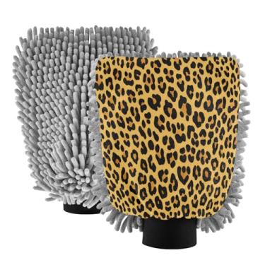 Imagem de STAYTOP Luvas de lavagem de carro com estampa de leopardo marrom, 2 peças, luvas de microfibra de chenille, sem arranhões, panos de esponja de lavagem ultra absorventes para carros, limpeza doméstica
