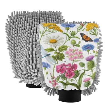 Imagem de STAYTOP Lindas luvas de lavagem de carro de borboleta de flores silvestres, 2 peças, luvas de microfibra de chenille, sem arranhões, panos de esponja de lavagem ultra absorventes para carros, limpeza