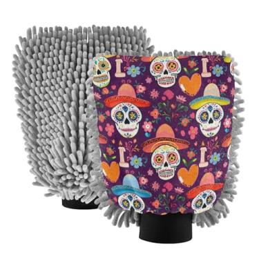 Imagem de STAYTOP Luvas de lavagem de carro de caveira fofas, 2 peças, luvas de microfibra de chenille, sem arranhões, panos de esponja de lavagem ultra absorventes para carros, limpeza doméstica - M
