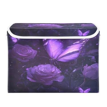 Imagem de CEBUGI Caixotes de armazenamento com tampas, caixa de armazenamento de tecido dobrável, organizador de cubo de borboleta rosa roxa para prateleiras de armário de casa e quarto, 40 x 30 x 30 cm