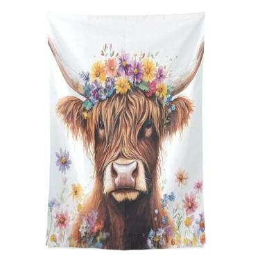 Imagem de STAYTOP Tapeçaria de parede bonita de vaca Highland em aquarela, tapeçarias para decoração de casa, dormitório, sala de estar, quarto, tapete de parede (152 x 102 cm)